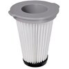 Filtr do odkurzacza ma cylindryczny kształt z białymi, plisowanymi ściankami i szarym, plastikowym kołnierzem na górze. Dolna część filtra jest czarna i wykonana z tworzywa sztucznego.