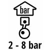Na zdjęciu znajduje się schematyczna ikona przedstawiająca tłok z napisem "bar" umieszczonym w kształcie domu. Pod ikoną widnieje tekst "2 - 8 bar".