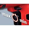 Część wiertarki udarowej w kolorze czerwonym z widocznym czarnym pokrętłem regulacji. Obok pokrętła znajdują się białe napisy "max" i "min" oraz strzałki wskazujące kierunek obrotu.