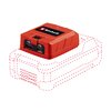 Czerwony adapter z logo "Einhell" na górze, posiada dwa porty USB oznaczone jako "5V 2.0A". Produkt jest umieszczony na zarysie baterii, co sugeruje sposób jego montażu.