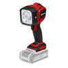 Czerwona lampa warsztatowa z czarnymi akcentami, posiadająca duży reflektor i ergonomiczny uchwyt. Na boku obudowy widoczne jest logo "Einhell".