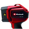 Czerwono-czarna lampa warsztatowa z widocznym logo "Einhell" oraz napisem "POWER X-CHANGE" na czarnym tle. Obok znajduje się żółty symbol ostrzegawczy z czarnym trójkątem i błyskawicą.