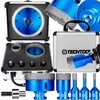 Zestaw otwornic diamentowych TECHTOOL TTHS02 składa się z kilku niebieskich narzędzi o różnych rozmiarach, umieszczonych w metalowej walizce z logo "TECHTOOL". Na zdjęciu widoczne są otwornice z diamentowymi krawędziami oraz walizka z uchwytem.