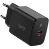 Czarna ładowarka sieciowa z dwoma metalowymi bolcami, na której widnieje napis "Essential 20w Charger". Na przedniej części znajduje się port USB-C oraz logo producenta.