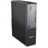 Czarny komputer stacjonarny z szarą przednią obudową, na której widnieje napis "ThinkCentre" oraz logo "Lenovo". Na obudowie znajdują się porty USB, wejście na słuchawki, przycisk zasilania oraz naklejka "Intel Core i7".