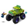 Zestaw LEGO przedstawia zielony monster truck z dużymi kołami, na którym widnieje napis "HULK SMASH!" oraz grafika twarzy Hulka na masce. Obok pojazdu znajduje się fioletowa figurka z rękawicą oraz przezroczysty niebieski element.