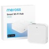 Na zdjęciu znajduje się biały hub Wi-Fi marki Meross, obok którego widoczne jest opakowanie z napisem "meross Smart Wi-Fi Hub MSH450" oraz logo "matter". Produkt ma prostokątny kształt z zaokrąglonymi krawędziami.