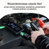 Na zdjęciu widoczne jest urządzenie rozruchowe z wyświetlaczem pokazującym ikonę baterii i wartość "200%". Obok urządzenia znajdują się przewody z zaciskami, a w tle widoczny jest silnik samochodu. Na górze zdjęcia znajduje się tekst: "Wszechstronne użyci