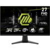 Monitor MSI z wyświetlaczem o przekątnej 27 cali, rozdzielczości 1920x1080 pikseli, technologii Rapid IPS, częstotliwości odświeżania 180 Hz i czasie reakcji 0,5 ms GTG. Na ekranie widoczne są napisy: "27 FHD 1920x1080", "MAG MSI Arsenal Gaming", "Rapid IPS", "180 Hz", "0.5 ms GTG", "AI-Vision".
