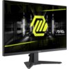Monitor o przekątnej 27 cali z logo MSI na dolnej ramce, wyświetlający grafikę z neonowym wzorem i napisem "MAG MSI ARSENAL GAMING". Ekran ma cienkie ramki i stoi na trójkątnej podstawie.