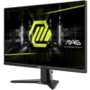 Monitor z logo "MSI" na dolnej ramce, wyświetlający grafikę z neonowym wzorem i napisem "MAG MSI ARSENAL GAMING". Ekran jest osadzony na czarnej podstawie o geometrycznym kształcie.