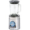 Blender kielichowy z przezroczystym szklanym pojemnikiem i czarną pokrywką, umieszczony na metalowej podstawie z pokrętłem i trzema przyciskami oznaczonymi jako "SMOOTHIE", "ICE" i "PULSE". Na podstawie widoczne jest logo "Steba".