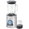 Blender kielichowy z przezroczystym dzbankiem i czarną pokrywką, umieszczony na metalowej podstawie z niebieskim pokrętłem i trzema przyciskami oznaczonymi jako "SMOOTHIE", "ICE" i "PULSE". Obok znajduje się mniejszy pojemnik z przezroczystego tworzywa, a