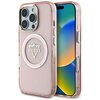 Przezroczysto-różowe etui na telefon z widocznym logo "GUESS" w kształcie trójkąta z górskim motywem. Etui jest zaprojektowane z myślą o technologii MagSafe i pasuje do modelu Apple iPhone 16 Pro Max.