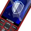 Czerwony telefon z widocznym ekranem, na którym znajduje się niebieski wzór z białą tarczą. Na obudowie telefonu widoczny jest napis "ALIGATOR", a na ekranie nałożone jest przezroczyste szkło ochronne.