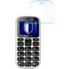 Telefon komórkowy z dużymi przyciskami numerycznymi i kolorowym wyświetlaczem, na którym widoczna jest grafika z tarczą. Nad telefonem znajduje się przezroczysta osłona ekranu, a pod wyświetlaczem widnieje napis "ALIGATOR".