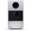 Srebrny subwoofer z okrągłym otworem na górze i prostokątnym panelem z tyłu, zawierającym przycisk "PAIR" oraz oznaczenia ostrzegawcze. Na panelu widoczne są napisy: "CAUTION" oraz "AC IN 100-240V~50/60Hz".
