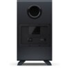 Czarny subwoofer z okrągłym otworem na górze i prostokątnym panelem z tyłu, na którym znajdują się przycisk "PAIR" oraz oznaczenia ostrzegawcze. Widoczne są także informacje o zasilaniu: "AC IN 100-240V~50/60Hz".