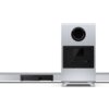 Na zdjęciu widoczny jest srebrny soundbar z panelem złącz, w tym HDMI i USB, oraz bezprzewodowy subwoofer z okrągłym otworem i prostokątnym panelem z tyłu. Produkt jest opisany jako "Soundbar SHARP HT-SBW53121 Srebrny 3.1.2-kanałowy, Bezprzewodowy Subwoof