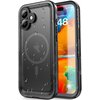 Czarne etui wodoodporne z widocznymi kroplami wody, przeznaczone do telefonu Apple iPhone 16, z okrągłym wzorem na tylnej części. Na ekranie telefonu widoczna jest kolorowa tapeta oraz data "November 8" i godzina "8:48".