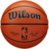 Pomarańczowa piłka koszykowa z widocznym logo "Wilson" oraz czarnym napisem "AUTHENTIC SERIES OUTDOOR". Na piłce znajduje się również logo NBA oraz podpis "Adam Silver COMMISSIONER".