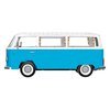 Na zdjęciu widoczne są klocki plastikowe ułożone w model Volkswagena Transportera T2a Bus, w kolorze niebiesko-białym. Model ma szczegółowo odwzorowane elementy, takie jak okna, koła i reflektory.