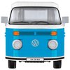 Na zdjęciu widoczny jest model z klocków przedstawiający przód niebieskiego Volkswagena Transportera T2a Bus z białym dachem i zderzakiem. Na przodzie pojazdu znajduje się logo Volkswagena oraz tablica rejestracyjna z napisem "VW T2b BUS".