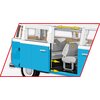 Zdjęcie przedstawia model z klocków plastikowych COBI, imitujący Volkswagen Transporter T2a Bus w kolorze niebieskim z białymi elementami. Wnętrze pojazdu ukazuje szczegóły takie jak siedzenia i przesuwane drzwi, a żółte strzałki wskazują na ruchome eleme