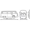 Na ilustracji znajdują się dwa rysunki techniczne przedstawiające model Volkswagena Transportera T2a Bus z klocków, z boku i z przodu, z podanymi wymiarami: długość 38 cm (14.96") i szerokość 16 cm (6.30"), wysokość 16.5 cm (6.5"). Na przodzie pojazdu wid