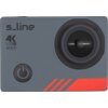 Szara kamera sportowa z dużym obiektywem i przyciskiem zasilania, ozdobiona czerwonymi elementami. Na obudowie widoczne są napisy: "s_line", "4K ULTRA HD", "Wi-Fi".