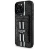 Czarne etui na telefon z teksturą w delikatny wzór, ozdobione pionowymi, białymi i czarnymi paskami. Na etui widnieje napis "GUESS EST. 1981".