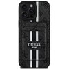 Czarne etui na telefon z teksturą w delikatny wzór, ozdobione pionowymi, białymi i czarnymi paskami. Na etui widnieje napis "GUESS EST. 1981".