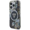 Etui na telefon z czarnym tłem ozdobione jest wzorem kwiatów w odcieniach bieli i brązu. Na środku znajduje się okrągły element z logo "GUESS U.S.A." w kształcie trójkąta.