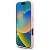 Różowe etui na telefon z wycięciem na aparat i przyciski, ozdobione wzorem kwiatowym. Na ekranie telefonu widoczny jest kolorowy gradient w odcieniach niebieskiego, zielonego i pomarańczowego.
