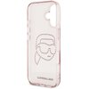 Przezroczysto-różowe etui na telefon z wizerunkiem twarzy ozdobionej cyrkoniami, przedstawiającej postać w okularach i z kucykiem. Na dole etui widnieje napis "KARL LAGERFELD".