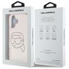Przedstawione zdjęcie ukazuje przezroczysto-różowe etui na telefon z ozdobnym wzorem z cyrkonii, umieszczone w białym opakowaniu z logo "KARL LAGERFELD". Na opakowaniu widnieją napisy: "Mobile phone accessories", "Drop protection", "Slim profile", "Light 