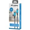 Opakowanie produktu przedstawia kabel USB-C - USB-C w kolorach czarnym i niebieskim, z widocznym logo "Lanberg" oraz napisem "1m" na niebieskim tle. Na opakowaniu znajdują się również informacje: "USB TYPE-C 4.0 DATA & POWER CABLE", "40 Gb/s", "240W", "8K", a w tle widoczna jest ilustracja biura.