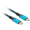 Na zdjęciu znajduje się czarno-niebieski kabel USB-C do USB-C o długości 2 metrów, z niebieskimi końcówkami, na których widnieje napis "40 Gb/s 240 W". Końcówki mają również widoczne logo producenta.