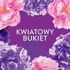 Na zdjęciu widoczny jest fioletowy napis "KWIATOWY BUKIET" na tle w odcieniach fioletu, otoczony różowymi i fioletowymi kwiatami. Kwiaty są rozmieszczone wokół napisu, tworząc dekoracyjną ramkę.