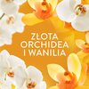 Na zdjęciu widoczne są białe i pomarańczowe kwiaty orchidei na tle w kolorze złotym. Na środku znajduje się tekst: "ZŁOTA ORCHIDEA I WANILIA".