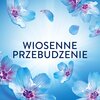 Na niebieskim tle widoczne są delikatne, niebieskie kwiaty z różowymi środkami, a na środku znajduje się napis "WIOSENNE PRZEBUDZENIE".