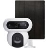 Biała kamera zewnętrzna z dwoma obiektywami znajduje się przed dużym, czarnym panelem. Produkt to "Kamera EZVIZ HB90 Dual Kit Zewnętrzna, Wi-Fi".