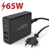 Czarna ładowarka sieciowa z napisem "GaN 65W" oraz logo "hama" na górze, posiada cztery porty USB oznaczone jako "65W" i "18W". Obok ładowarki widoczny jest kabel z wtyczką, a nad nią czerwony symbol błyskawicy z napisem "65W".