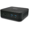 Czarny komputer o kompaktowej obudowie z teksturowanym wierzchem, posiadający przycisk zasilania, gniazdo audio, port USB-C, dwa porty USB-A oraz logo "acer" na górze. Na bocznej ściance widoczne są otwory wentylacyjne.