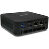 Na zdjęciu znajduje się czarny komputer o kompaktowej obudowie z widocznymi portami, w tym USB, HDMI OUT, DP oraz portami sieciowymi. Na górnej części obudowy widnieje logo "Acer".