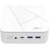 Biały komputer o prostokątnym kształcie z logo "acer" na górnej powierzchni, posiadający przycisk zasilania, gniazdo audio, port USB-C oraz dwa porty USB-A na przednim panelu.