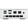 Biały komputer z widocznymi portami: dwa porty USB, port DP, port HDMI OUT, dwa porty Ethernet oraz gniazdo zasilania. Na obudowie znajdują się również otwory wentylacyjne.