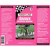 Na zdjęciu znajduje się etykieta produktu "FINISH LINE Środek do mycia roweru" o pojemności 1 litra, z różowym tłem i grafiką rowerzysty. Tekst na etykiecie zawiera informacje o biodegradowalności, sposobie użycia oraz ostrzeżenia dotyczące bezpieczeństwa