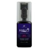Czarna butelka z przezroczystą nakrętką, na której widnieje etykieta z napisem: "FINISH LINE HALO FASTER FOR LONGER WAX LUBRICANT MAKSYMALNA CZYSTOŚĆ ZAPOBIEGA ZUŻYCIU 4 fl oz e 120 ml".
