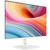 Biały monitor z cienkimi ramkami wyświetla kolorową grafikę z falistymi wzorami w odcieniach pomarańczowego, różowego i niebieskiego. Na podstawie monitora widoczne jest logo "MSI".